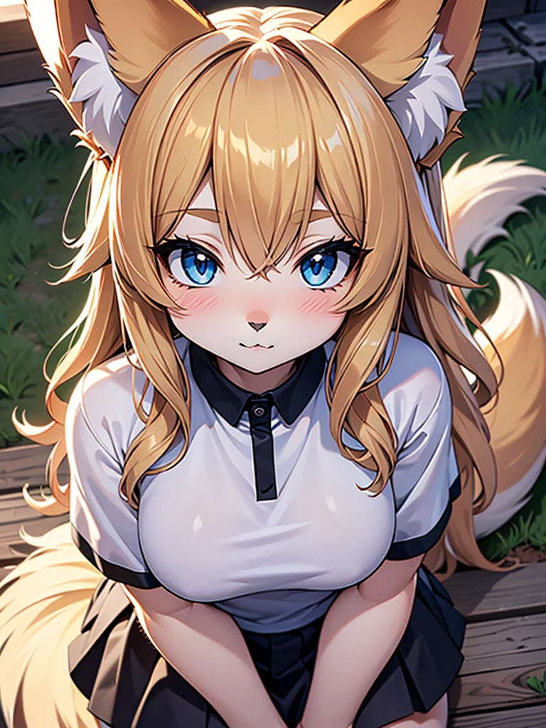 masterpiece, Highest quality, Wolf Girl, elegant, One girl, Wolf Ear, Wolf's tail, cute, Blushed, View your viewers, From above, Blonde wavy hair, mini skirt, black and white striped t-shirt, blue eyes, Beautiful Eyes, Beautiful background, Particles of light, Light of the sun, Dramatic lighting, outside, Shiny, Realistic, masterpiece, Highest quality, ultra-detailed, detailed, scenery, beautiful detailed eyes, detailed hair,