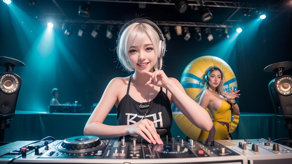 (ultra - detailed, 16K resolution, Cinema lenses, rendering by octane), (high resolution:1.18), intricate detail, (masterpiece:1.1), (highest quality:1.1), (1girl, portrait, white hair, blue eyes, short hair, detailed eyes),Wearing silver DJ headphones, sequined T-shirt, (in the beach:1.5), (Iconic hip-hop pop costumes:1.3), Smile while DJing on stage, DJ studio next to the beach, ((A stylish DJ stage on a hill overlooking the beach)), full body shot, Photorealistic photography by Sunshine, (cute round face:1.3), perfect fingers, five fingers, beautiful hands, perfect hands. master peace, cute smile.