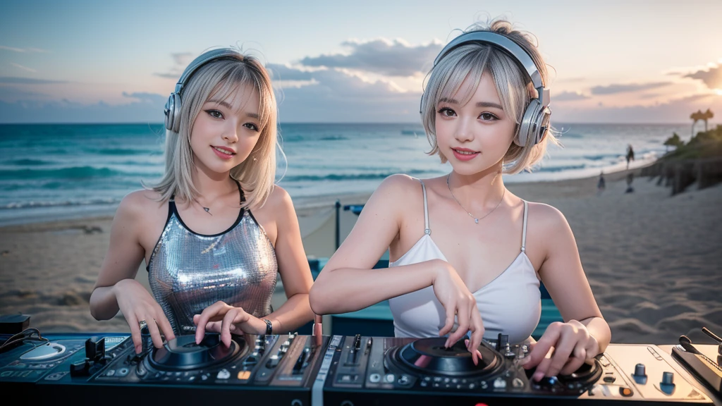 (ultra - detailed, 16K resolution, Cinema lenses, rendering by octane), (high resolution:1.18), intricate detail, (masterpiece:1.1), (highest quality:1.1), (1girl, portrait, white hair, blue eyes, short hair, detailed eyes),Wearing silver DJ headphones, sequined T-shirt, (in the beach:1.5), (Iconic hip-hop pop costumes:1.3), Smile while DJing on stage, DJ studio next to the beach, ((A stylish DJ stage on a hill overlooking the beach)), full body shot, Photorealistic photography by Sunshine, (cute round face:1.3), perfect fingers, five fingers, beautiful hands, perfect hands. master peace, cute smile.