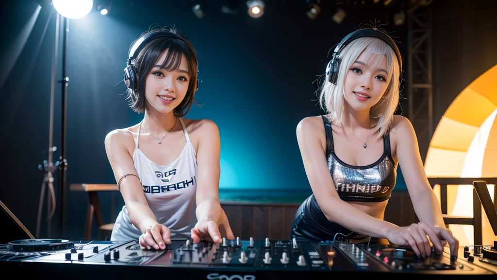 (ultra - detailed, 16K resolution, Cinema lenses, rendering by octane), (high resolution:1.18), intricate detail, (masterpiece:1.1), (highest quality:1.1), (1girl, portrait, white hair, blue eyes, short hair, detailed eyes),Wearing silver DJ headphones, sequined T-shirt, (in the beach:1.5), (Iconic hip-hop pop costumes:1.3), Smile while DJing on stage, DJ studio next to the beach, ((A stylish DJ stage on a hill overlooking the beach)), full body shot, Photorealistic photography by Sunshine, (cute round face:1.3), perfect fingers, five fingers, beautiful hands, perfect hands. master peace, cute smile.