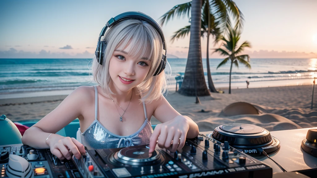 (ultra - detailed, 16K resolution, Cinema lenses, rendering by octane), (high resolution:1.18), intricate detail, (masterpiece:1.1), (highest quality:1.1), (1girl, portrait, white hair, blue eyes, short hair, detailed eyes),Wearing silver DJ headphones, sequined T-shirt, (in the beach:1.5), (Iconic hip-hop pop costumes:1.3), Smile while DJing on stage, DJ studio next to the beach, ((A stylish DJ stage on a hill overlooking the beach)), full body shot, Photorealistic photography by Sunshine, (cute round face:1.3), perfect fingers, five fingers, beautiful hands, perfect hands. master peace, cute smile.