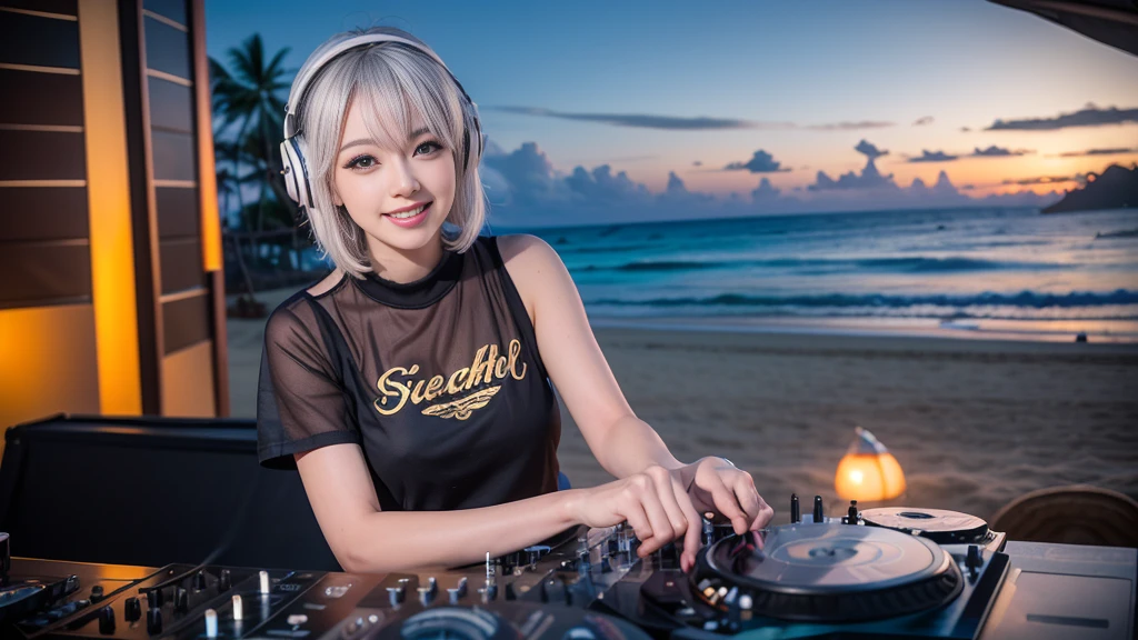 (ultra - detailed, 16K resolution, Cinema lenses, rendering by octane), (high resolution:1.18), intricate detail, (masterpiece:1.1), (highest quality:1.1), (1girl, portrait, white hair, blue eyes, short hair, detailed eyes),Wearing silver DJ headphones, sequined T-shirt, (in the beach:1.5), (Iconic hip-hop pop costumes:1.3), Smile while DJing on stage, DJ studio next to the beach, ((A stylish DJ stage on a hill overlooking the beach)), full body shot, Photorealistic photography by Sunshine, (cute round face:1.3), perfect fingers, five fingers, beautiful hands, perfect hands. master peace, cute smile.
