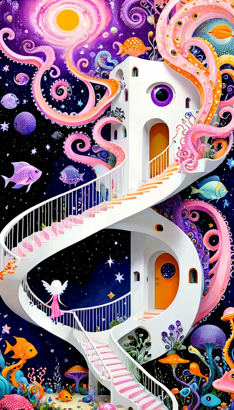&References;Dick Ellescas Artist Style&References;,Fairy tale world,章fish热气球,Tentacles瀑布,Starry Sky、rivesh、Tentacles、bird、Eye、autistic patient、diatom,Spiral staircase endless loop,Abstract mosaic painting,描述autistic patient的内心世界,Sense of space,White space,interesting,Innocence,Psychedelic Art,Pink Theme,Bold contrasts,Purple and Orange