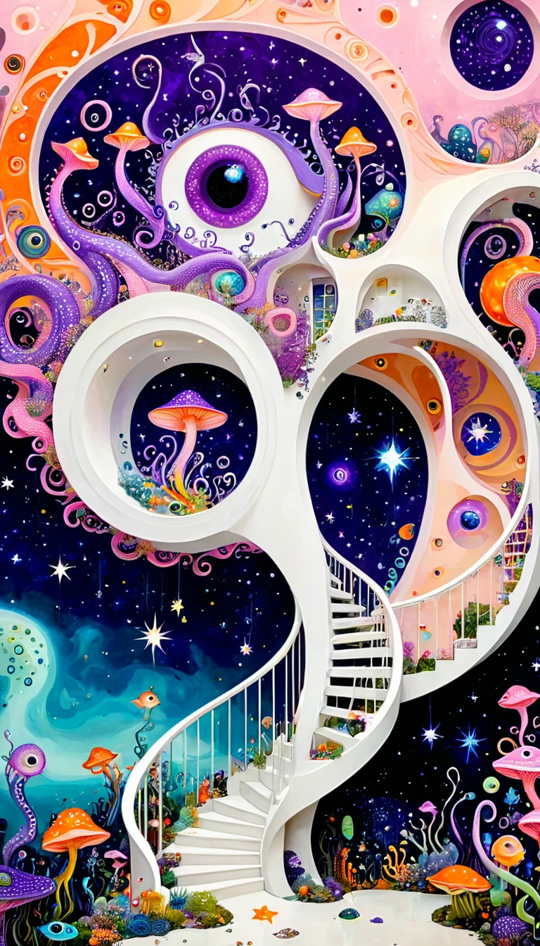 &References;Dick Ellescas Artist Style&References;,Fairy tale world,章fish热气球,Tentacles瀑布,Starry Sky、rivesh、Tentacles、bird、Eye、autistic patient、diatom,Spiral staircase endless loop,Abstract mosaic painting,描述autistic patient的内心世界,Sense of space,White space,interesting,Innocence,Psychedelic Art,Pink Theme,Bold contrasts,Purple and Orange