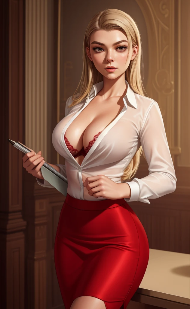 white silk shirt, deep v neck, business suit, red lace bra, pencil skirt, Natalie Dormer