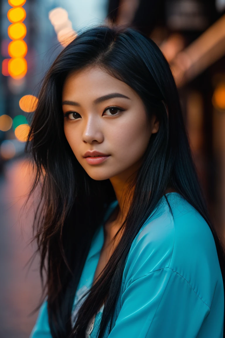 arafed woman with long black hair with blue high lighs sitting on the beach, flowing black hair, with black hair (((with blue high lights))), photo of a beautiful woman, long flowing blck hair, pink golden hour, curly black hair, beautiful young asian woman, beautiful asian woman, wild ginger hair, pink wispy hair, light pink hair, a young asian woman, an asian woman, infp young woman, Portrait photo of a 24-year-old french girl in RAW UHD format (Brown-eyed woman) Walk down the dark alley, night city, Details (textures! , Hair! , glistering, Color!! , imperfections: 1.1), highly detailed glossy eyes (looking at the camera), DSLR Lighting, SLR camera, Ultra-Quality, sharpness, Depth of field, Film grain (Downtown), Fujifilm XT3, Crystal clear, Frame Center, beatiful face, sharp-focus, neon lighting, bokeh (dimly lit), night time, (night sky), detailed skin pores, oilly skin, suntan, Complex eye details, (((beautiful face))), 