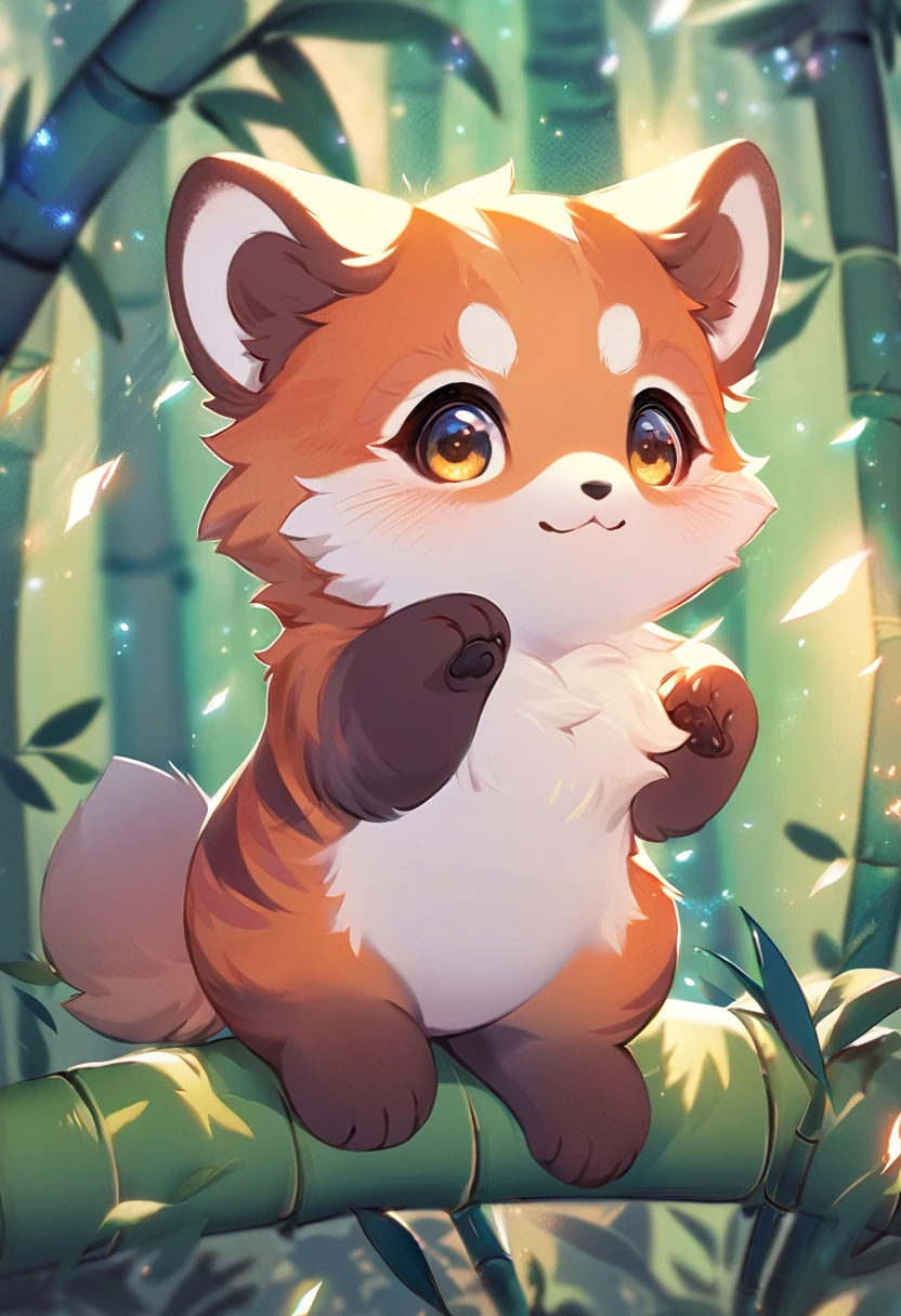 best quality, masterpiece, Ailurus fulgens in the bamboo forest, cute pose, fantasy forest world, gentle sparkling image effects