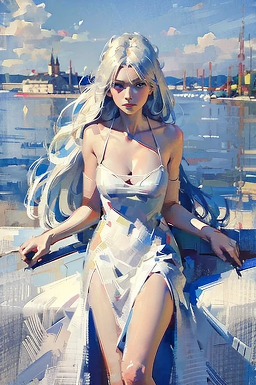 Masterpiece cinematic photo, photograph cinematic photo a russian beauty ,big blue eyes and white hair, ultra detailed, ultra sharp, ((best quality, symmetry)), ((masterpiece)), (highly detailed, fine details, intricate), Stands on the embankment of Moscow.  cityscape background, photograph, film, bokeh, professional, 16k , oil painting, 