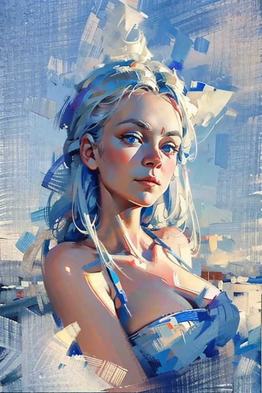 Masterpiece cinematic photo, photograph cinematic photo a russian beauty ,big blue eyes and white hair, ultra detailed, ultra sharp, ((best quality, symmetry)), ((masterpiece)), (highly detailed, fine details, intricate), Stands on the embankment of Moscow.  cityscape background, photograph, film, bokeh, professional, 16k , oil painting, 