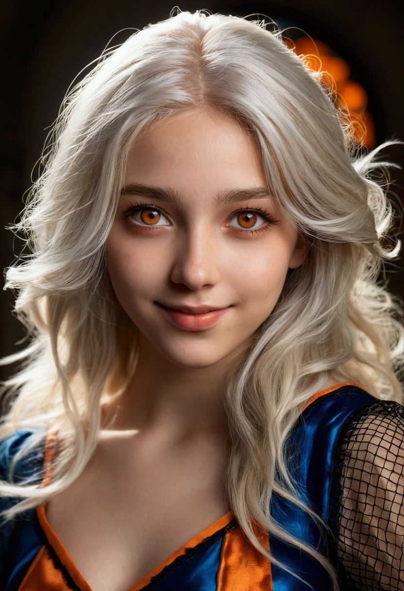 RAW photograph, photorealistic pic of a  girl, light skin, white hair, long hair, scattered, hair blown up by the wind, ((orange eyes)), perfect face, highly detailed facial features, deep eyes, smile,  iridescent navu blue feather skirt, fishnet stockings, sliver heels, high-grade lighting, exquisite picture, exquisite eyes, best shadow, best picture quality, best light, rich details, atmosphere, high resolution, masterpiece, stained glass background, Head Tilt, Rich Detail, Fine Background, mystic pose, gothic