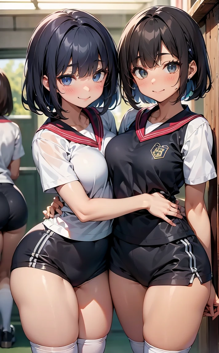 (Cute eyes:1.2), (Sparkling eyes:1.2),(Beautiful Eyes:1.2), Highest quality,wonderful,finely,Highly detailed CG Unity 8k wallpaper, (The three of them lined up and hugged:1.3),(kissing:1.3),(Three people with different heights:1.5), (Three Girls, Volleyball Player, Skinny body, Dressed), (Huge breasts), (Open your mouth:1.1),(Black knee socks:1.3),(Thighs:1.3),(Waistline:1.2),(Matching white volleyball uniforms:1.2),(From behind:1.2),(Beautiful eyes:1.2),(Different hairstyle),(Seniors and Juniors:1.3),(All three have different eye colors:1.5),(All three have different skin colors:1.5),(Thighsまで隠れるニーソックス:1.2),(Very short pants:1.3),Upper Body,(Players' Dressing Room:1.3),(Japanese Representative:1.3)