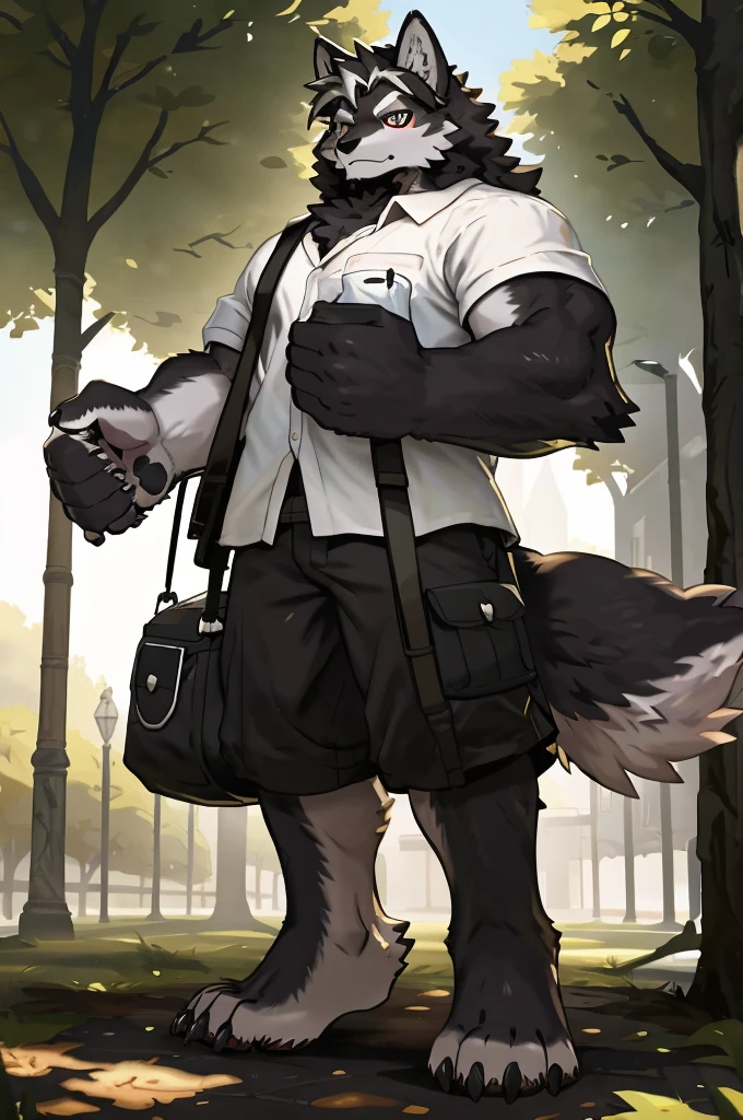 (Strong arms),(Strong legs),masterpiece, best quality, Official Art, Extremely detailed CG unified 8k wallpaper, Ultra Detailed, Best Illustration, , Ink fur, hairy male, Wolf Boy, hairy, Ink fur, 1 Boy,, male focus,, Striped hair, Wolf ears, Animal ears, Single speaker, Ink fur, Bangs, dark hair, White highlights, Medium Hair, Solitary, Ink tail,hairy尾巴,(Black pupil),High target,(campus),,barefoot,(Sexy),((High target and strong)),side,(Delicate eyes:1.2),Inky eyes,male,Solitary,(Inky pupils),(Detailed face),(Sharp eyes),Permanent,(Detailed hands),(Foot details),aldult,type,Moderate,Long legs,(Detailed fingers),(Delicate eyes),(White shirt),(Black shorts),easy,(Big Bag:1.5)
