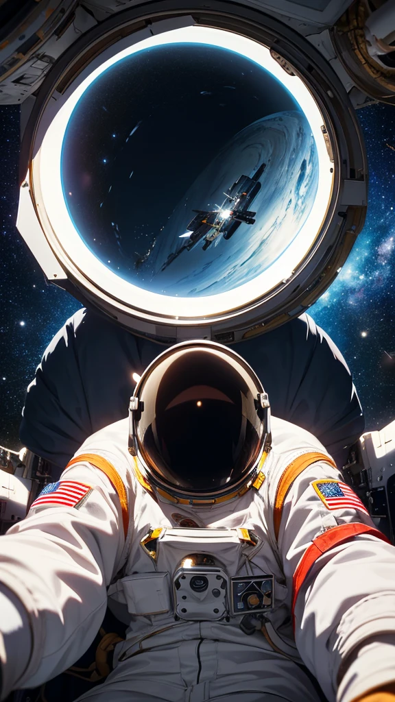 Astronaut in space looking at a huge black hole