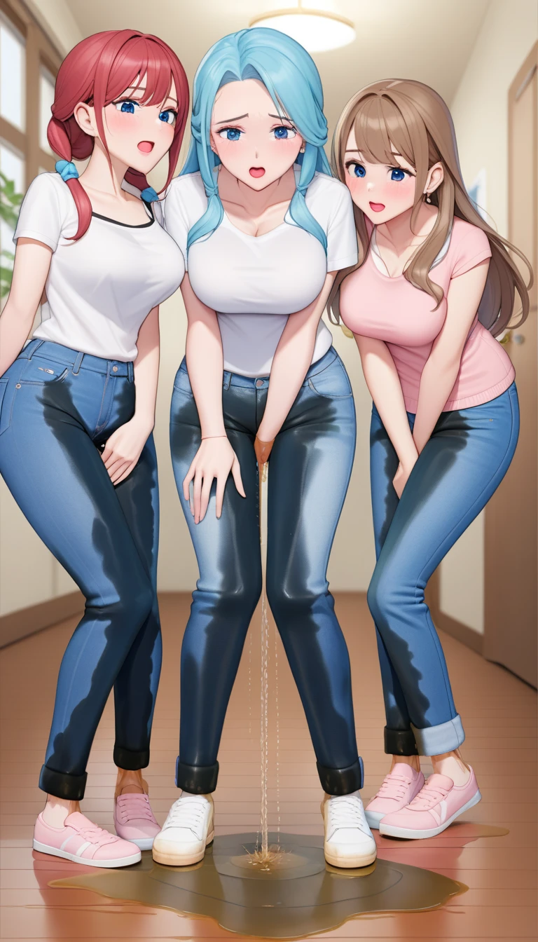 ((best quality, masterpiece:1.3, 8K)), (detailed), highly detailed face and skin texture, detailed eyes, full body, (slender body:1.1), (a group of 3 girls:1.5), 25 years old, white skin, bright lips, worried, embarrassed, panicking, long hair, (forehead:1.0), large breast, (jeans pants:1.2, blue jeans:1.2), (wetting themself:2.5), desperation:1.2,