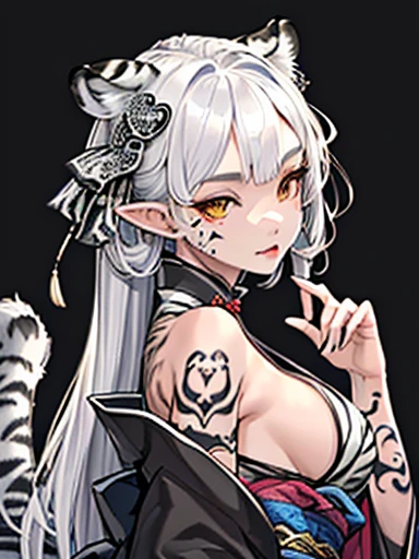 (Realistic:1.3), masterpiece, Highest quality, (Intricate details:1.2), (landscape:1.3), Beautiful Face, (Black Theme:1.3), (((One Girl、A girl wearing a white tiger patterned kimono with tiger ears and tail、(Please take a look:1.3)、(Face Tattoos:1.2)、White tiger ears、 )))、Ezvian everywhere、White Tiger Cosplay,White tiger on background