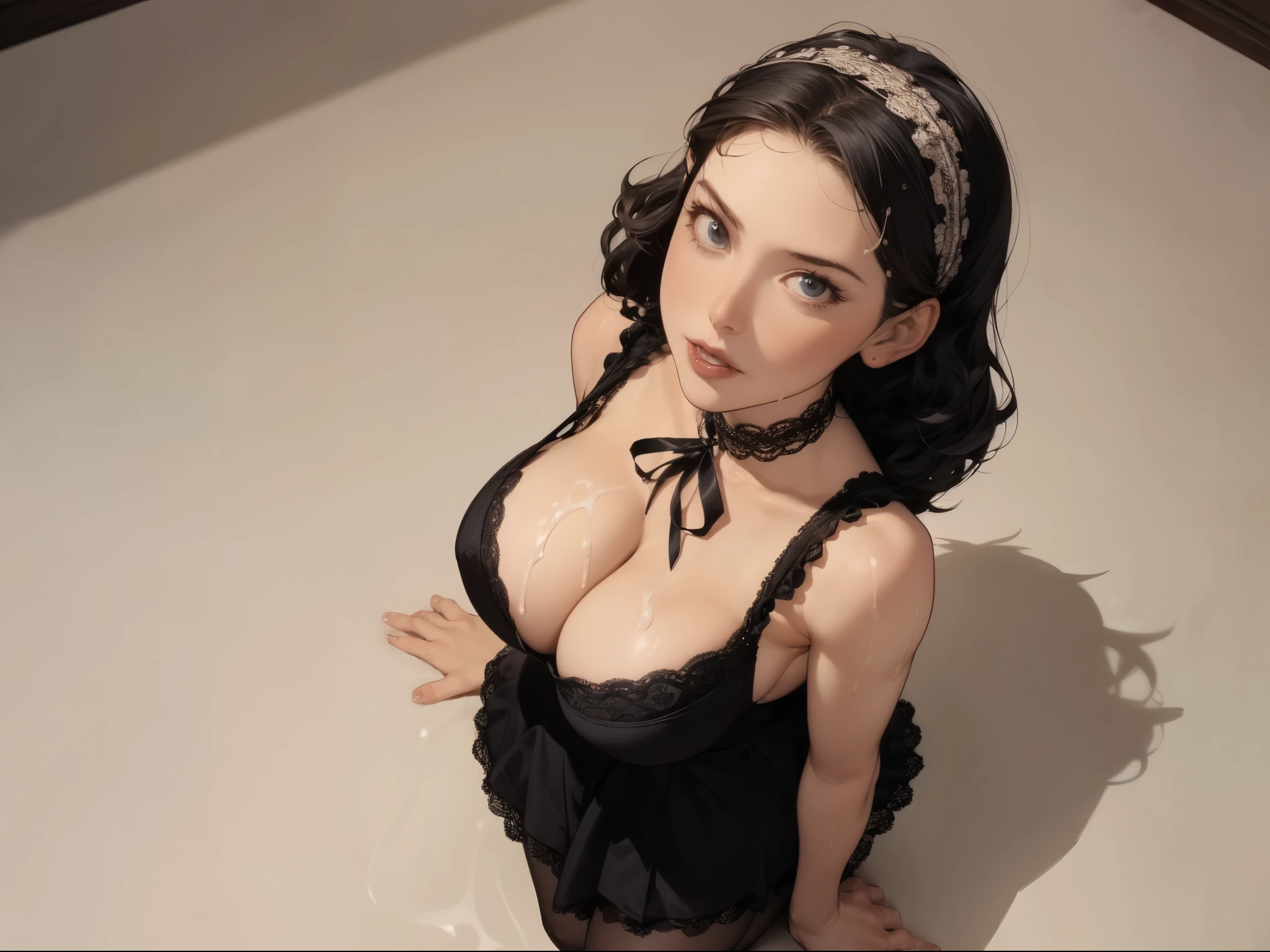 1girl, (wariza:1.2), from above, detailed face, looking at viewer, (sleeveless:1.2) maid costume, ruffle trimmed, lace headband, lace choker, plain stocking, victorian style, nervous expressions, medium black hair, sidelock, slightly curly, deep cleavage, gigantic breasts, dripping cum on her face, cum on breast,