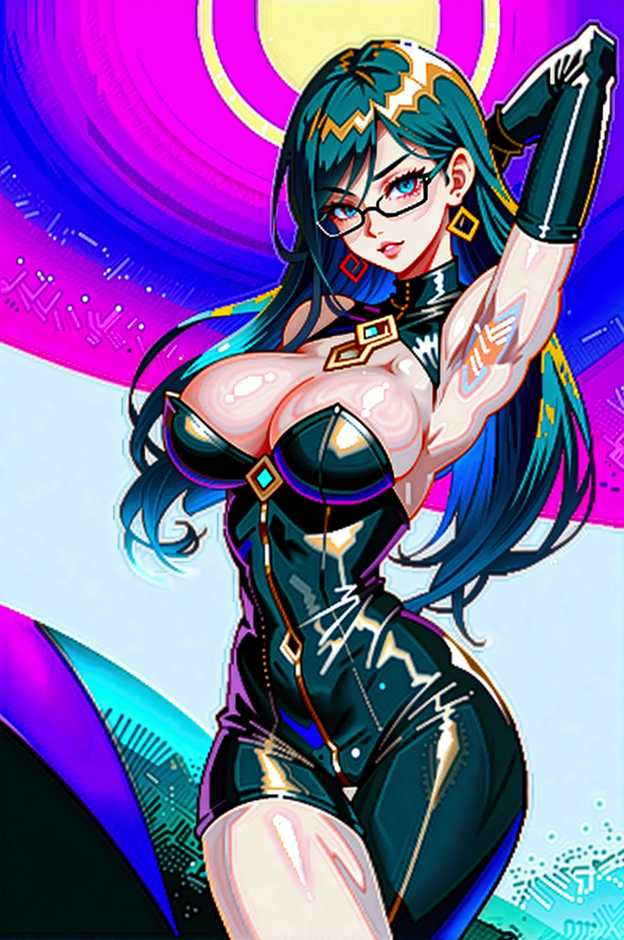 busty bimbo bayonetta, sexy pose, (((bayonetta))), (sexy facial features), (bayonetta body shape), glossy eyes, glamorous, winking ((beautiful)), smooch lips, sexy, ((hyper sexualized)), raunchy, hourglass body, ((sexy)), spear, ((perfect)), (feminine), detailed bayonetta outfit, sexy hips, voluptuous round juicy breasts, underboob, voluptuous round strong ass, strong thighs, hip cleavage, full shapely body, curvy, jewelry, vibrant aura, smooth shiny skin, (sexy lighting), city skyline background, smooth clean lines, ultra textured, highest resolution, maximum quality, max detail, vivid colors, max texture, energetic composition, dramatic lighting, crystal clear, depth perspective, high contrast, seamlessly blended, photorealistic, chromatic aberration, subpixel precision, bokeh effect depth art, anamorphic perspective, hdr high dynamic range, spectral color graded, photometric lighting, motion lines