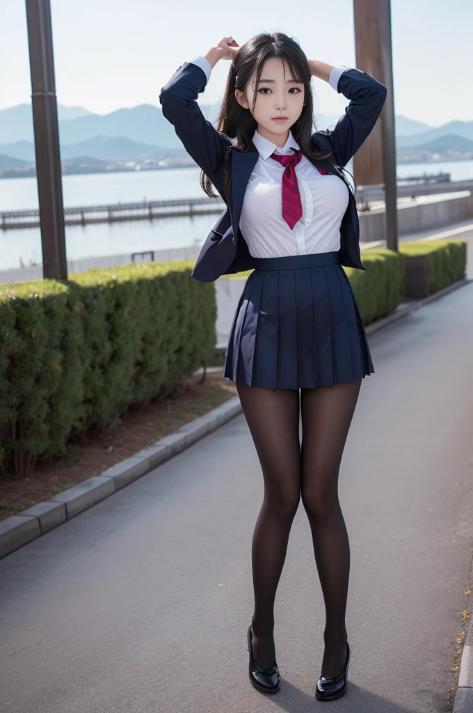 (((young Japanese girl jumping  wearing high school uniform))),(full body shot:2),  natural lighting, ultra sharp focus,huge breasts, ((beautiful face)), wearing pantyhose, wearing short sleeve