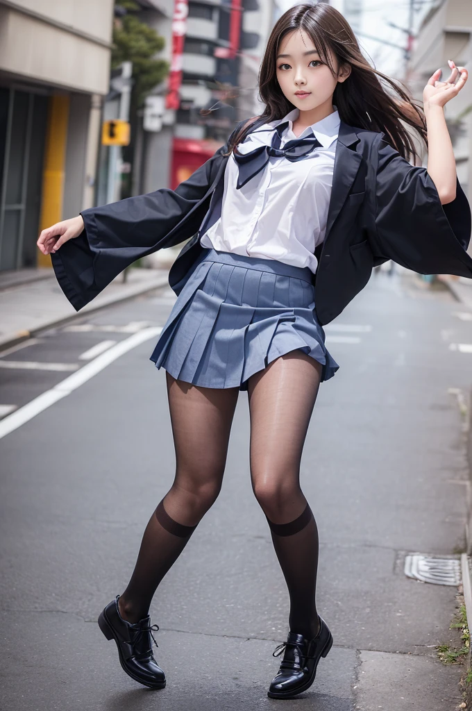 (((young Japanese girl jumping wearing high school uniform))),(full body shot:2), natural lighting, ultra sharp focus,huge breasts, ((beautiful face)), wearing pantyhose, wearing short sleeve