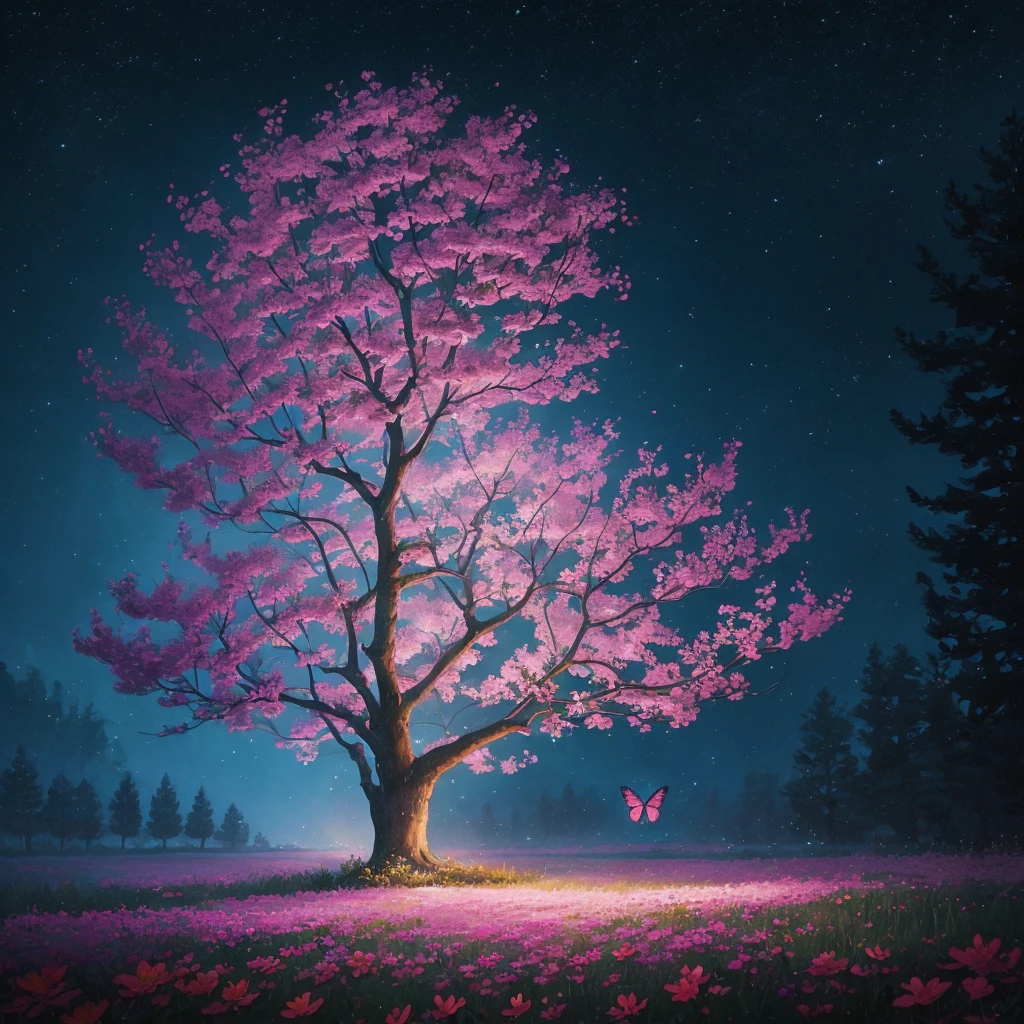 a painting of a tree with flowers and butterflies in the sky, a digital painting by Yang J, trending on cgsociety, fantasy art, 🌺 cgsociety, magical flowers, glowing flowers, night sky full of flowers, very beautiful digital art, dawn cgsociety, beautiful digital artwork, trending on cgsociety art, beautiful digital art, beautiful gorgeous digital art, beautiful depiction