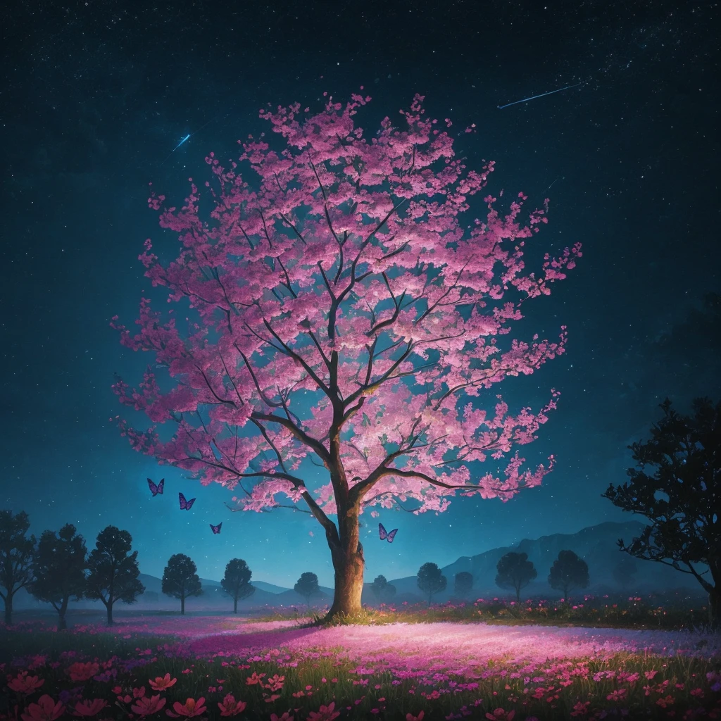 a painting of a tree with flowers and butterflies in the sky, a digital painting by Yang J, trending on cgsociety, fantasy art, 🌺 cgsociety, magical flowers, glowing flowers, night sky full of flowers, very beautiful digital art, dawn cgsociety, beautiful digital artwork, trending on cgsociety art, beautiful digital art, beautiful gorgeous digital art, beautiful depiction