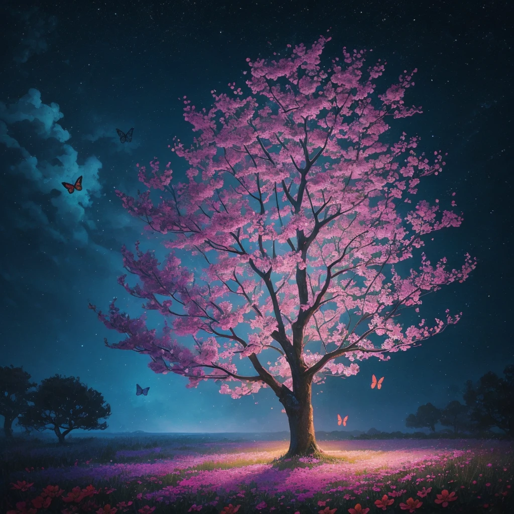 a painting of a tree with flowers and butterflies in the sky, a digital painting by Yang J, trending on cgsociety, fantasy art, 🌺 cgsociety, magical flowers, glowing flowers, night sky full of flowers, very beautiful digital art, dawn cgsociety, beautiful digital artwork, trending on cgsociety art, beautiful digital art, beautiful gorgeous digital art, beautiful depiction