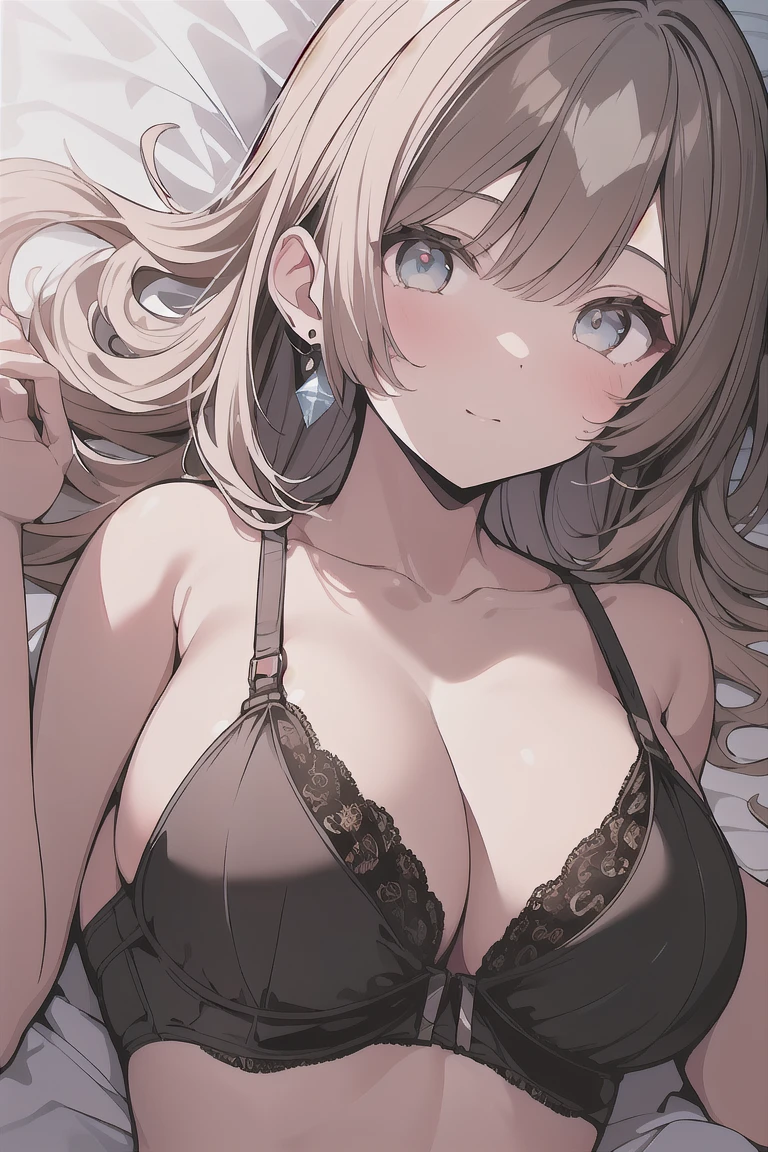 (best quality), (Super detailed), (Best Illustration), (masterpiece), score_9, score_8_up, score_7_up, (8k), (1woman), (black bra:1.2), (lying on bed:1.2), (large breasts), {(detailed eyes), twinkle(in the eyes), blue eyes}, blush, earring, umamusume, satono diamond,