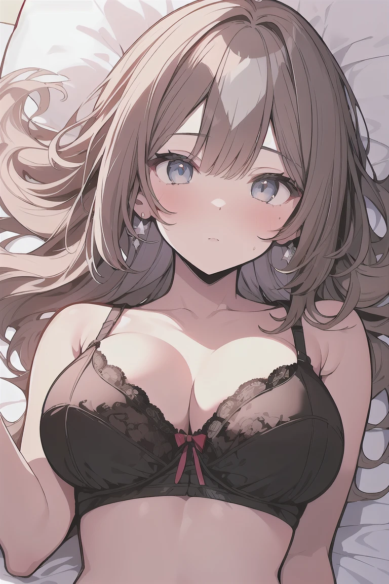 (best quality), (Super detailed), (Best Illustration), (masterpiece), score_9, score_8_up, score_7_up, (8k), (1woman), (black bra:1.2), (lying on bed:1.2), (large breasts), {(detailed eyes), twinkle(in the eyes), blue eyes}, blush, earring, umamusume, satono diamond,