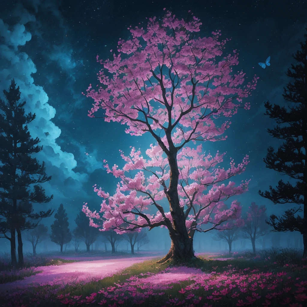 a painting of a tree with flowers and butterflies in the sky, a digital painting by Yang J, trending on cgsociety, fantasy art, 🌺 cgsociety, magical flowers, glowing flowers, night sky full of flowers, very beautiful digital art, dawn cgsociety, beautiful digital artwork, trending on cgsociety art, beautiful digital art, beautiful gorgeous digital art, beautiful depiction
