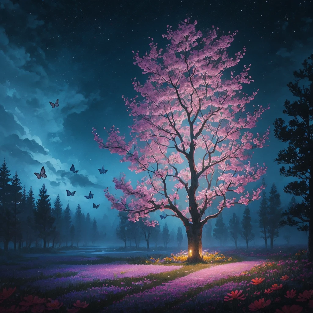 a painting of a tree with flowers and butterflies in the sky, a digital painting by Yang J, trending on cgsociety, fantasy art, 🌺 cgsociety, magical flowers, glowing flowers, night sky full of flowers, very beautiful digital art, dawn cgsociety, beautiful digital artwork, trending on cgsociety art, beautiful digital art, beautiful gorgeous digital art, beautiful depiction