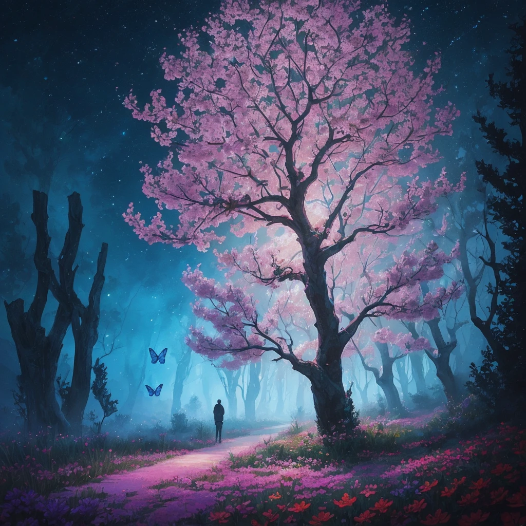 a painting of a tree with flowers and butterflies in the sky, a digital painting by Yang J, trending on cgsociety, fantasy art, 🌺 cgsociety, magical flowers, glowing flowers, night sky full of flowers, very beautiful digital art, dawn cgsociety, beautiful digital artwork, trending on cgsociety art, beautiful digital art, beautiful gorgeous digital art, beautiful depiction
