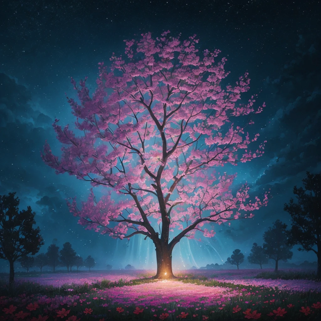 a painting of a tree with flowers and butterflies in the sky, a digital painting by Yang J, trending on cgsociety, fantasy art, 🌺 cgsociety, magical flowers, glowing flowers, night sky full of flowers, very beautiful digital art, dawn cgsociety, beautiful digital artwork, trending on cgsociety art, beautiful digital art, beautiful gorgeous digital art, beautiful depiction