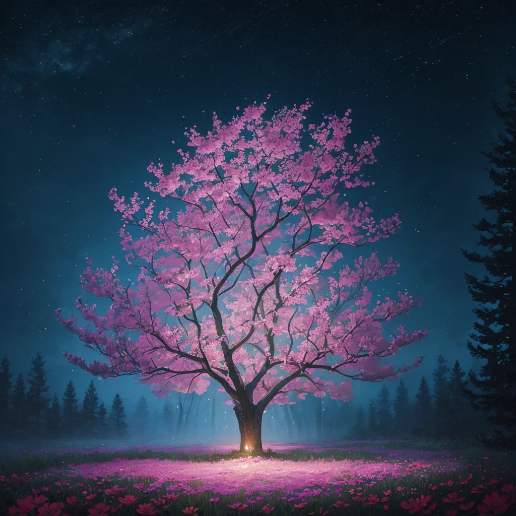 a painting of a tree with flowers and butterflies in the sky, a digital painting by Yang J, trending on cgsociety, fantasy art, 🌺 cgsociety, magical flowers, glowing flowers, night sky full of flowers, very beautiful digital art, dawn cgsociety, beautiful digital artwork, trending on cgsociety art, beautiful digital art, beautiful gorgeous digital art, beautiful depiction