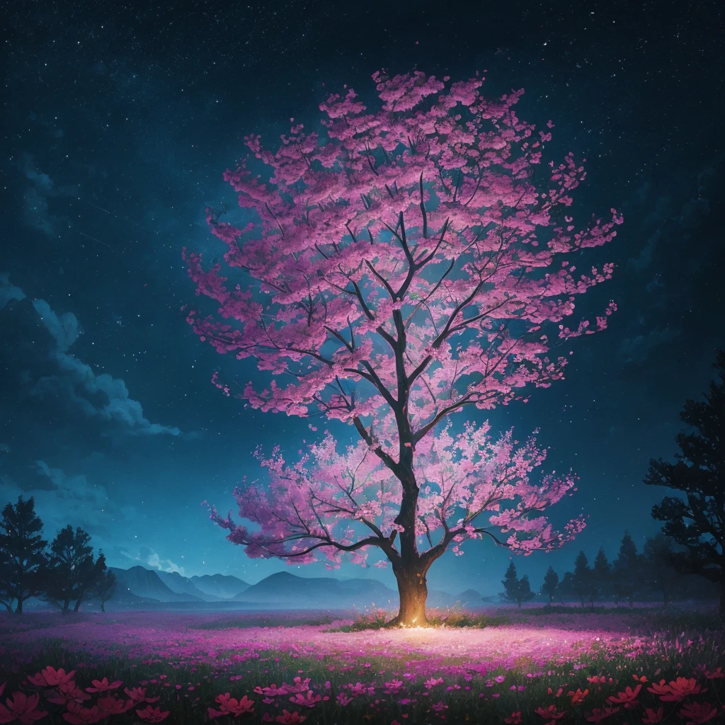 a painting of a tree with flowers and butterflies in the sky, a digital painting by Yang J, trending on cgsociety, fantasy art, 🌺 cgsociety, magical flowers, glowing flowers, night sky full of flowers, very beautiful digital art, dawn cgsociety, beautiful digital artwork, trending on cgsociety art, beautiful digital art, beautiful gorgeous digital art, beautiful depiction