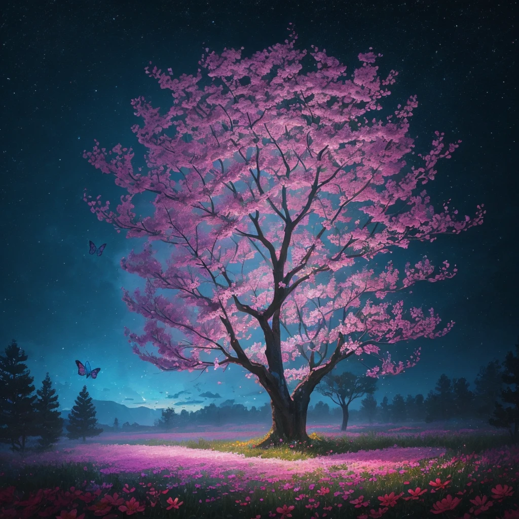 a painting of a tree with flowers and butterflies in the sky, a digital painting by Yang J, trending on cgsociety, fantasy art, 🌺 cgsociety, magical flowers, glowing flowers, night sky full of flowers, very beautiful digital art, dawn cgsociety, beautiful digital artwork, trending on cgsociety art, beautiful digital art, beautiful gorgeous digital art, beautiful depiction