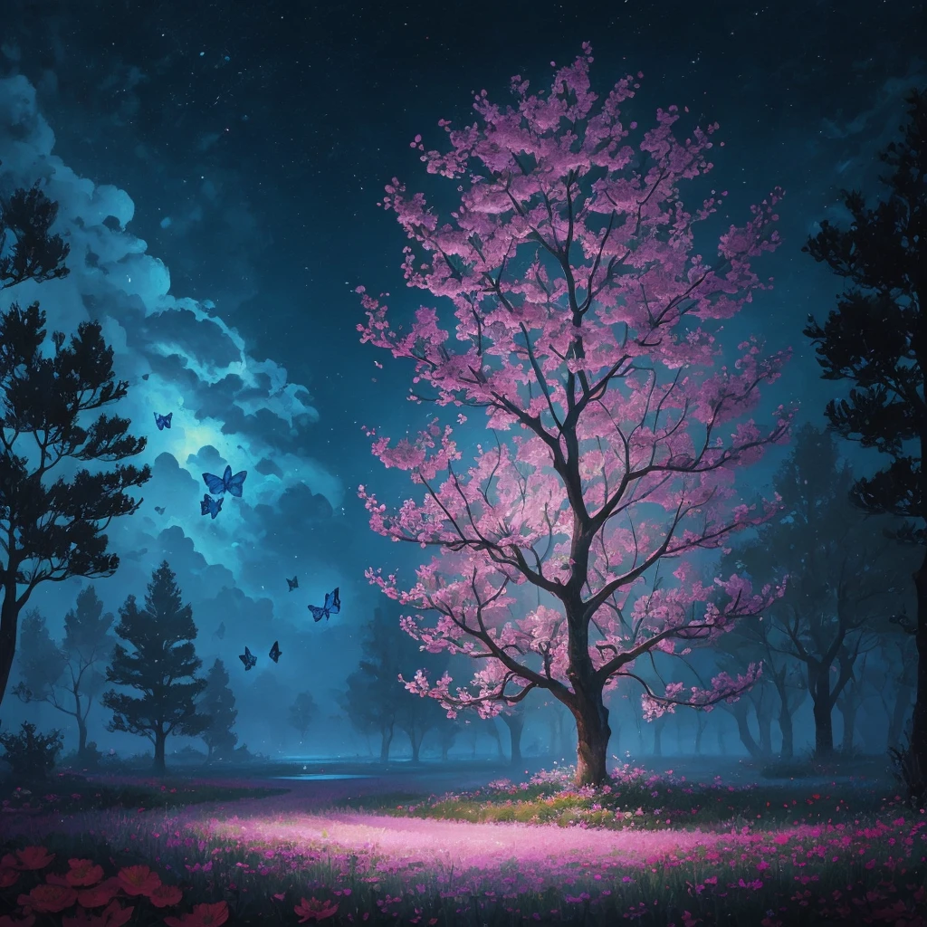 a painting of a tree with flowers and butterflies in the sky, a digital painting by Yang J, trending on cgsociety, fantasy art, 🌺 cgsociety, magical flowers, glowing flowers, night sky full of flowers, very beautiful digital art, dawn cgsociety, beautiful digital artwork, trending on cgsociety art, beautiful digital art, beautiful gorgeous digital art, beautiful depiction