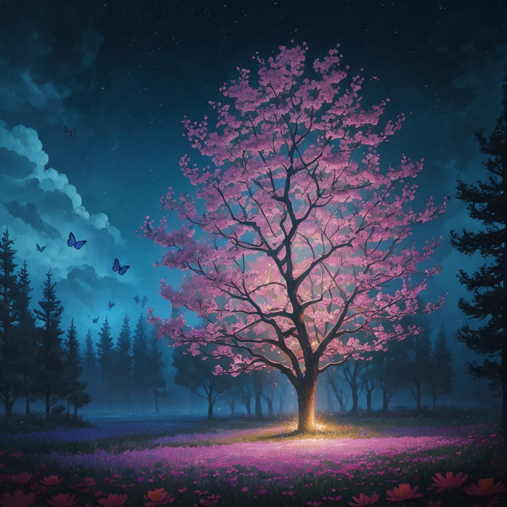 a painting of a tree with flowers and butterflies in the sky, a digital painting by Yang J, trending on cgsociety, fantasy art, 🌺 cgsociety, magical flowers, glowing flowers, night sky full of flowers, very beautiful digital art, dawn cgsociety, beautiful digital artwork, trending on cgsociety art, beautiful digital art, beautiful gorgeous digital art, beautiful depiction