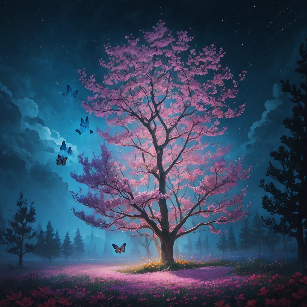 a painting of a tree with flowers and butterflies in the sky, a digital painting by Yang J, trending on cgsociety, fantasy art, 🌺 cgsociety, magical flowers, glowing flowers, night sky full of flowers, very beautiful digital art, dawn cgsociety, beautiful digital artwork, trending on cgsociety art, beautiful digital art, beautiful gorgeous digital art, beautiful depiction