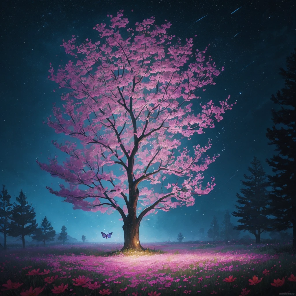 a painting of a tree with flowers and butterflies in the sky, 🌺 cgsociety, magical flowers, glowing flowers, night sky full of flowers, very beautiful digital art, beautiful digital artwork, dawn cgsociety, trending on cgsociety art, beautiful digital art, beautiful depiction, beautiful gorgeous digital art, gorgeous digital art, by Yang J, cgsociety saturated colors
