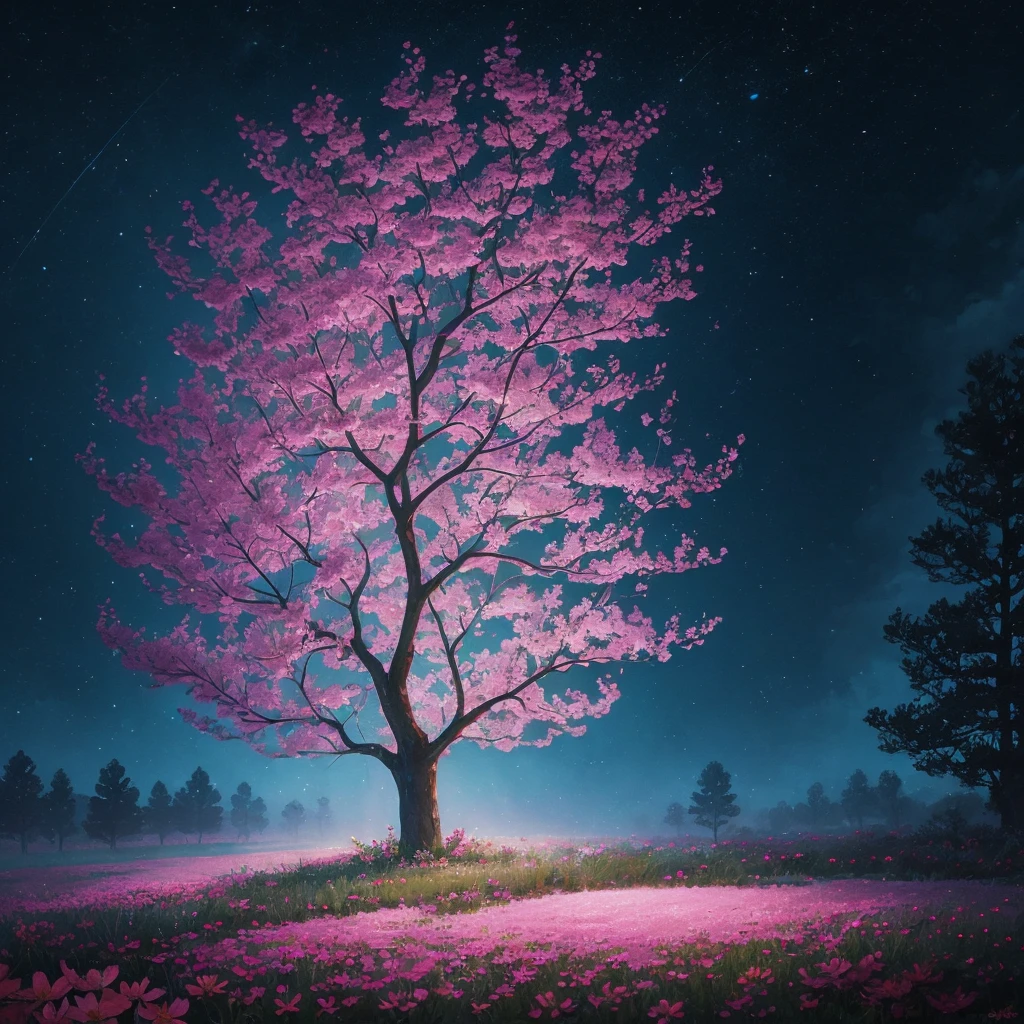 a painting of a tree with flowers and butterflies in the sky, a digital painting by Yang J, trending on cgsociety, fantasy art, 🌺 cgsociety, magical flowers, glowing flowers, night sky full of flowers, very beautiful digital art, dawn cgsociety, beautiful digital artwork, trending on cgsociety art, beautiful digital art, beautiful gorgeous digital art, beautiful depiction
