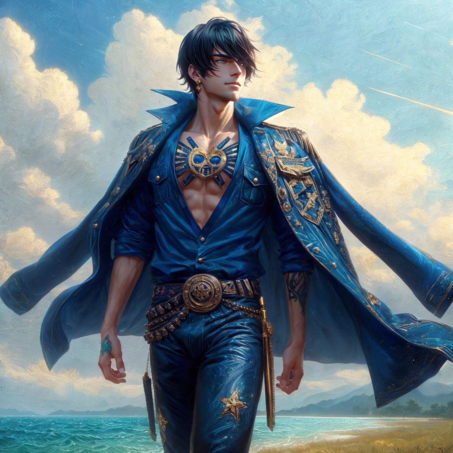 Handsome man, black hair  , Fine gold jewelry ,   , ,Anime,