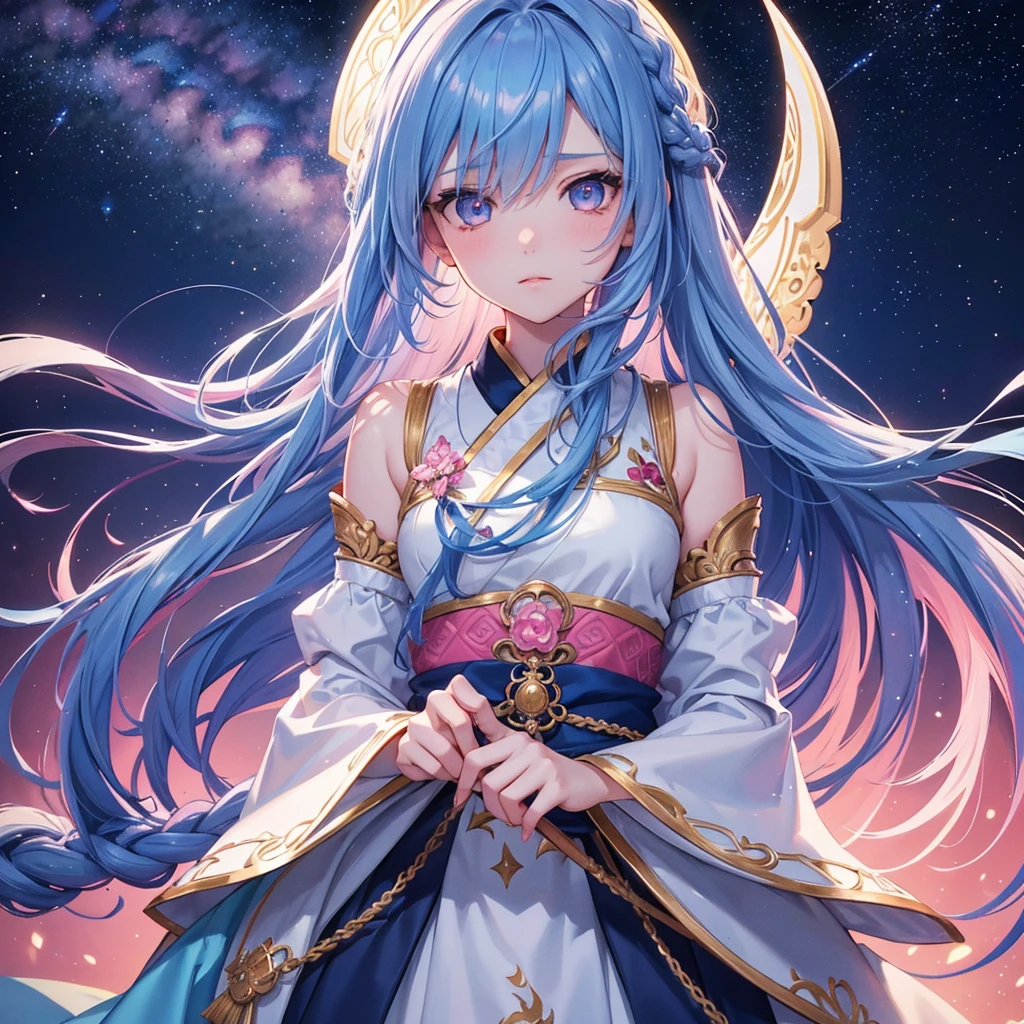 (Sky blue one braid hair),Pink Eyes,Fair skin ,(whole body),(One girl),Hanfu,(The beautiful, sparkling Milky Way in the night sky),Lonely Eyes,,(masterpiece, Highest quality, Very detailed, Best Shadow), (Detailed Background), (Beautifully detailed face), High Contrast, (Best lighting, Very delicate and beautiful), ((Cinematic Light)), colorful, Hyper Detail, Dramatic Light, Intricate details,