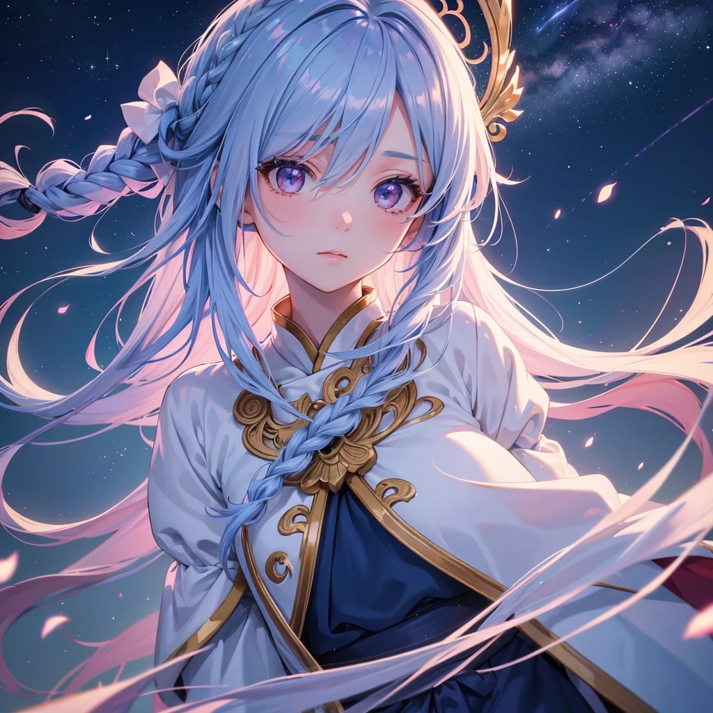 (Sky blue one braid hair),Pink Eyes,Fair skin ,(whole body),(One girl),Hanfu,(The beautiful, sparkling Milky Way in the night sky),Lonely Eyes,,(masterpiece, Highest quality, Very detailed, Best Shadow), (Detailed Background), (Beautifully detailed face), High Contrast, (Best lighting, Very delicate and beautiful), ((Cinematic Light)), colorful, Hyper Detail, Dramatic Light, Intricate details,