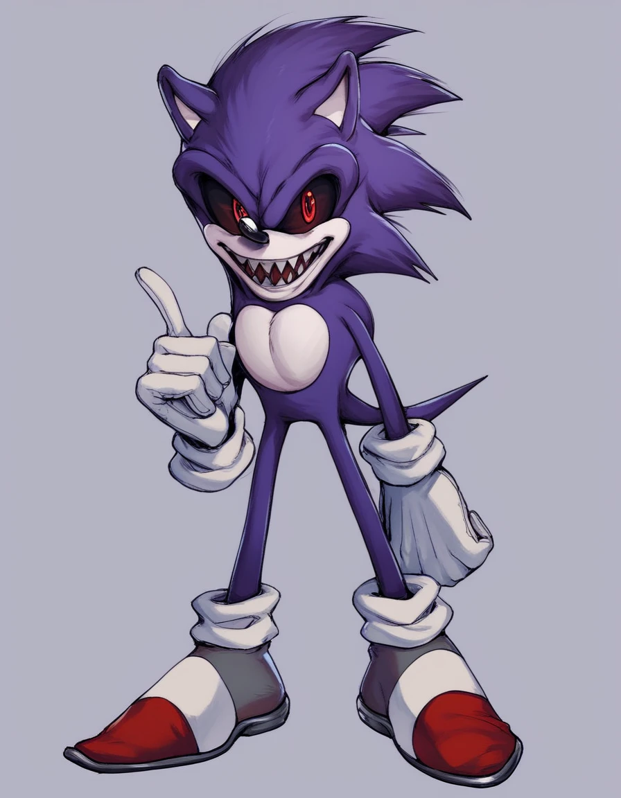 oga, solo, looking at viewer, smile, open mouth, simple background, red eyes, gloves, 1boy, animal ears, blue-ish purple hair, standing, tail, full body, male focus, shoes, teeth, socks, white gloves, hand up, happy, sharp teeth, spiked hair, index finger raised, furry, colored sclera, furry male, body fur, animal nose, sonic the hedgehog X on chest, long arms, scary eyes, grey shoes, white skin