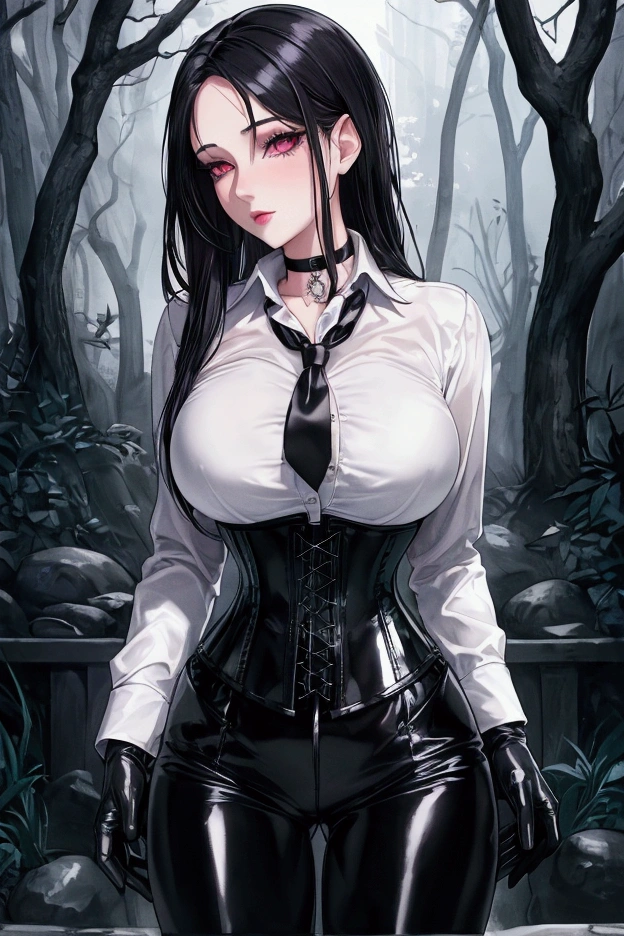 Masterpiece, Beautiful art, professional artist, 8k, Very detailed face, Detailed clothing, detailed fabric, 1 girl, whole body, View from the front, standing, pose sexy, BIG BREASTS, perfectly drawn body, shy expression, pale skin, beautiful face, long black hair, 4k eyes, very detailed eyes, pink cheeks, choker:1.6, (white long sleeve button down shirt with white collar), black gloves, gloves that cover hands, (black leather corset), (shiny black leggings), Sensual Lips, show details in the eyes, dark forest, Atmosphere, fog, At night