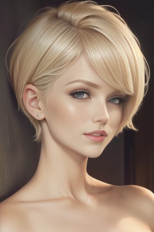 Medium close up image of a blond woman with short hair and posing for a picture, blonde short hair, short blonde hair, short blond hair, short wavy blond hair, blonde and attractive features, blond bob haircut, a gorgeous blonde, medium short hair, short curly blonde haired girl, with short hair, a girl with blonde hair, short blonde hair with bangs. Naked, nude. BBIC. Perfecteyes eyes.