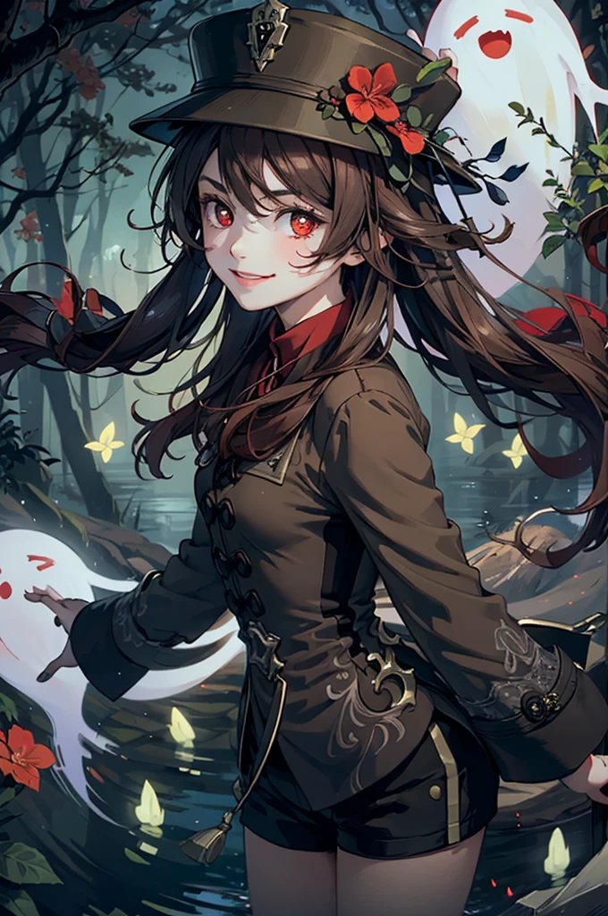 1 girl solo, brown jacket, long brown hair, red eyes, brown hat with red flowers, white ghost smiling, outside in a swampy forest at night, swamp lights, ghost figures around, blue lights flying in the air, will-o-the-wisp