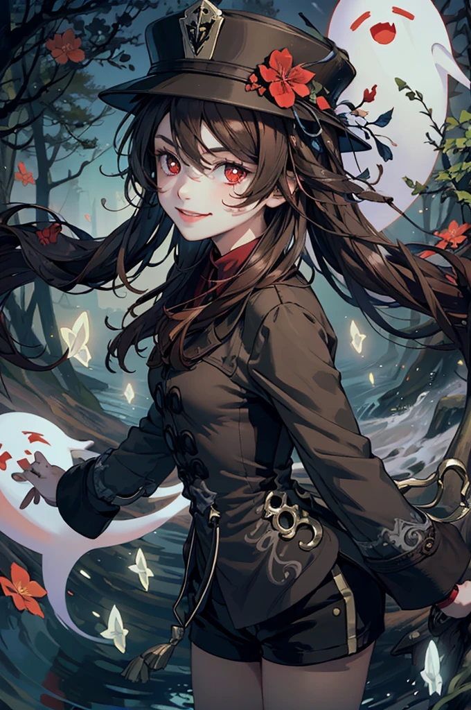 1 girl solo, brown jacket, long brown hair, red eyes, brown hat with red flowers, white ghost smiling, outside in a swampy forest at night, swamp lights, ghost figures around, blue lights flying in the air, will-o-the-wisp