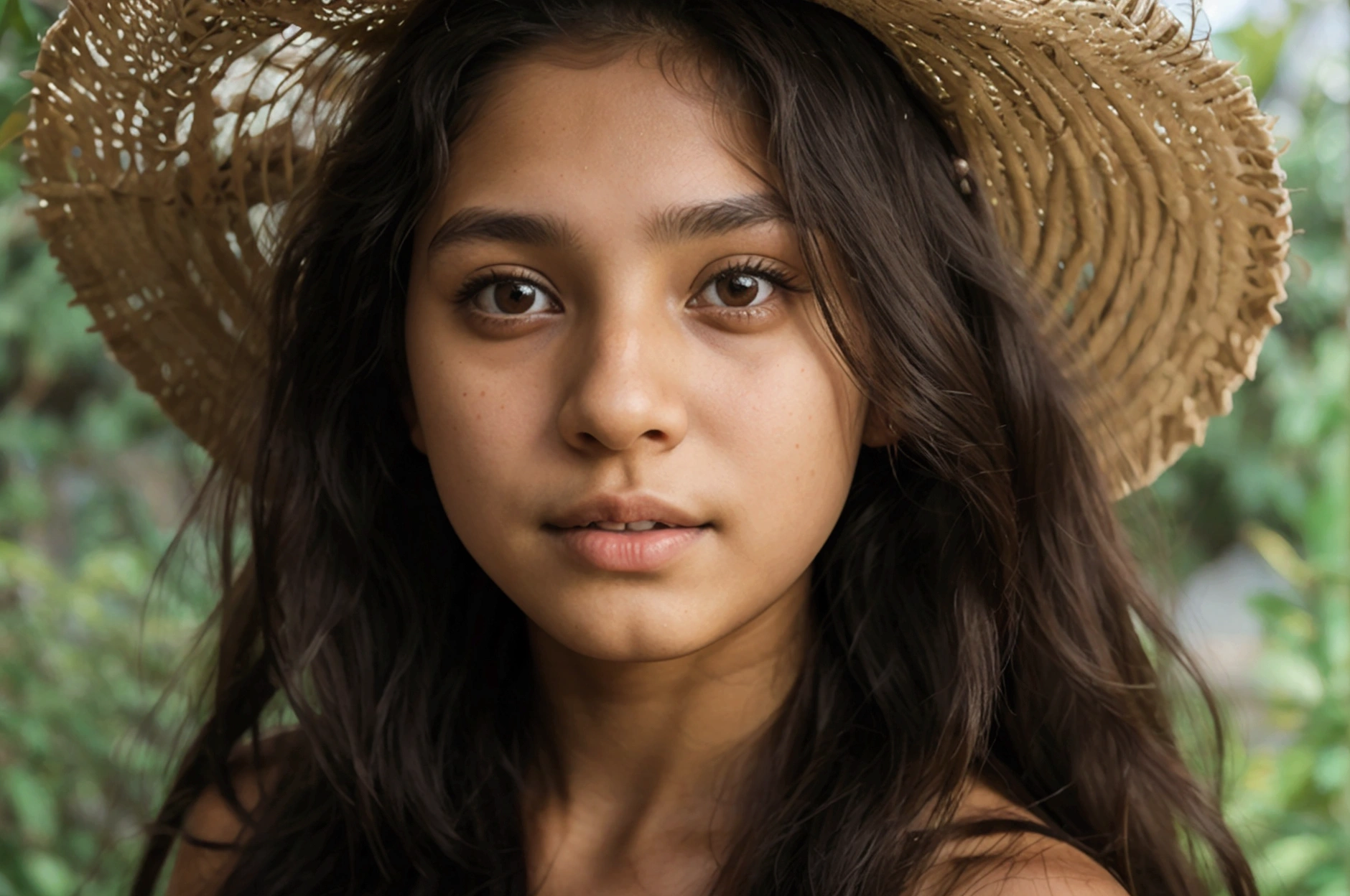 a 12 year old Colombian girl, long dark hair, Brown eyes, whole body, naked, Big bust, natural light, 8k, realist.