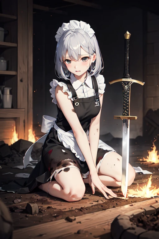 ((Super best quality:1.6)), ((masterpiece:1.4)), (detailed:1.4), ((Ultra-high resolution:1.6)), (detailedな顔), girl, cute, Silver Hair, Small breasts, (Black Dress, White apron, クラシックMaid服, Long), (Burning Battlefield, battlefield, Flaming), (崩壊した壁紙やrubbleに瀕死でぐったりと凭れて座っている)Maid, (Exhausted, Sitting exhausted, ground, rubble, Shabby), (My clothes are covered in dirt:1.4. Covered in charcoal:1.6), (Clothes are torn:1.4), (Apron torn by slashing:1.4), (全身にscratch:1.2), Holding a sword, scratch, Blood, 吐Blood,  On the verge of fainting, 